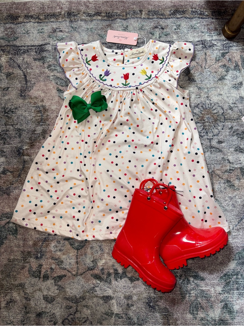 NWT Marie Nicole Smocked Polka Dot Tulip Embroidered Flutter Sleeve Dress